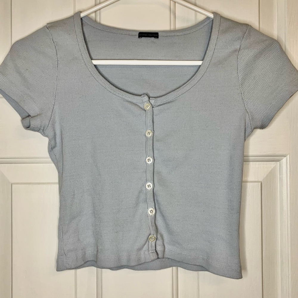 Light Blue Brandy Melville Button Up Ribbed Crop Top